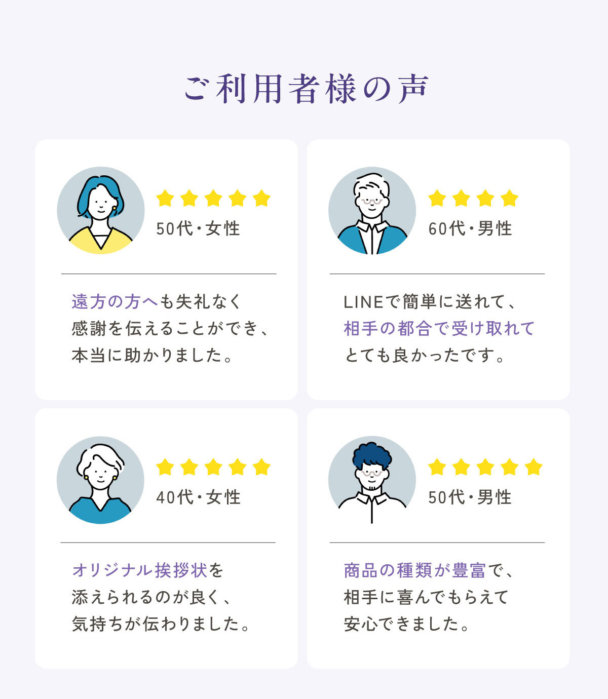 ご利用者様の声：50代女性・60代男性・40代女性・50代男性のレビュー